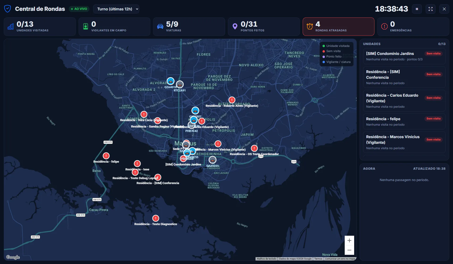 Central de Rondas na TV, com o mapa ao vivo e a lista de unidades visitadas ou sem visita